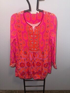 Soft Surroundings  Pink & Orange Printed Peasant Top-Tunic